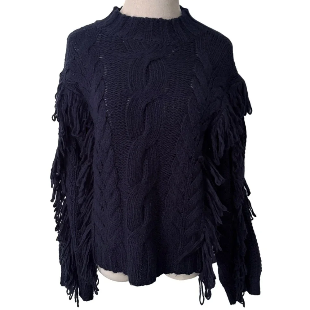 525 America Women Navy Blue Fringe Cable Knit Sweater Small Boho Statement